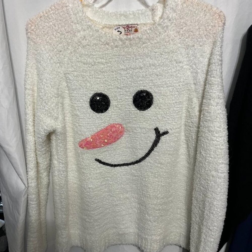 Merry Christmas by Poof Snowman Sweater White Fuzzy Pullover Size Small - Picture 5 of 8